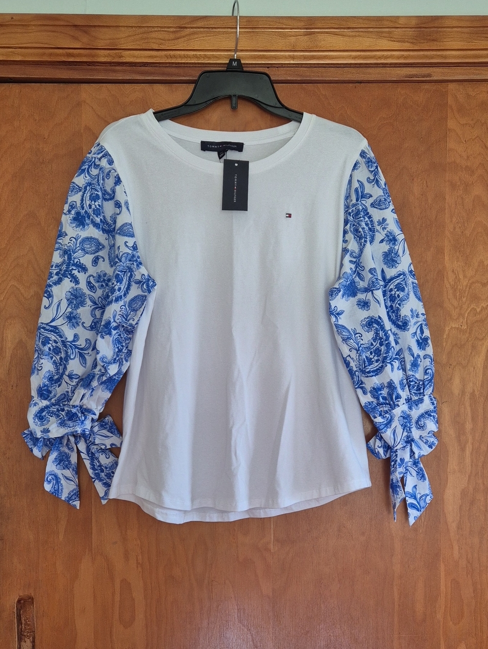 Tommy Hilfiger 100% Cotton White Top with Blue Floral Puff Sleeves